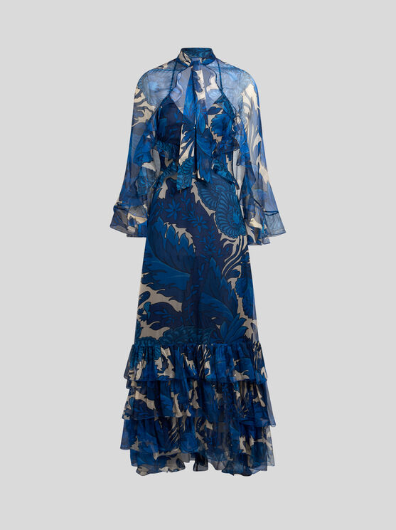 Etro Dress With Maxi Floral Print And Detachable Cape In Elektroblau