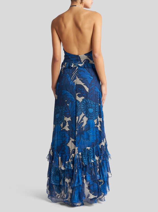 Etro Dress With Maxi Floral Print And Detachable Cape In Elektroblau