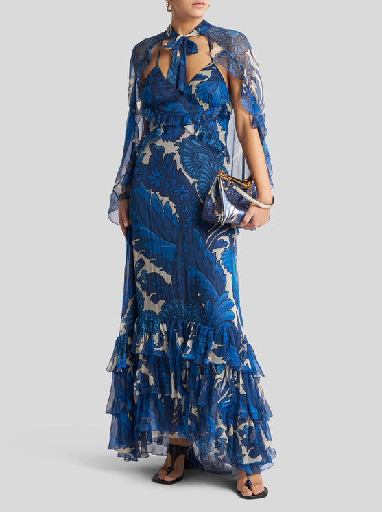Etro Dress With Maxi Floral Print And Detachable Cape In Elektroblau