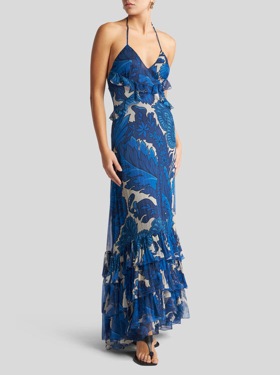 Etro Dress With Maxi Floral Print And Detachable Cape In Elektroblau
