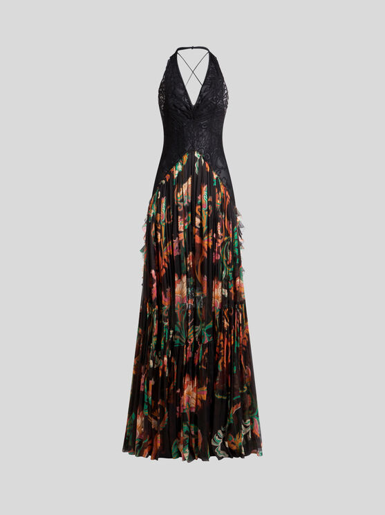 Etro Long Silk Dress With Flounce In Multicolor