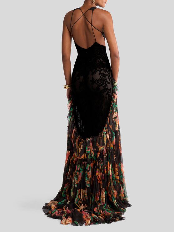 Etro Long Silk Dress With Flounce In Multicolor