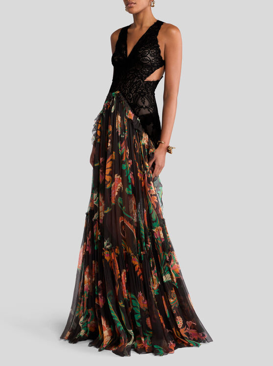 Etro Long Silk Dress With Flounce In Multicolor
