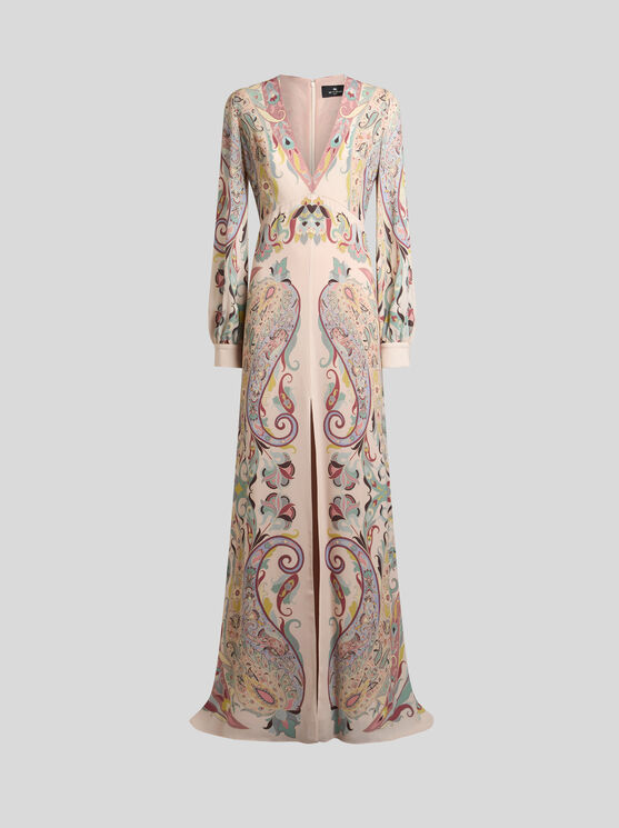Etro , Long Dress In Printed Stretch Sable, Woman, Powder Pink, Size 46 In Neutral