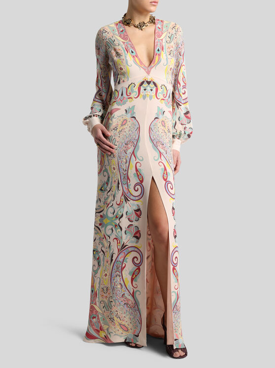 Etro , Long Dress In Printed Stretch Sable, Woman, Powder Pink, Size 46 In Neutral