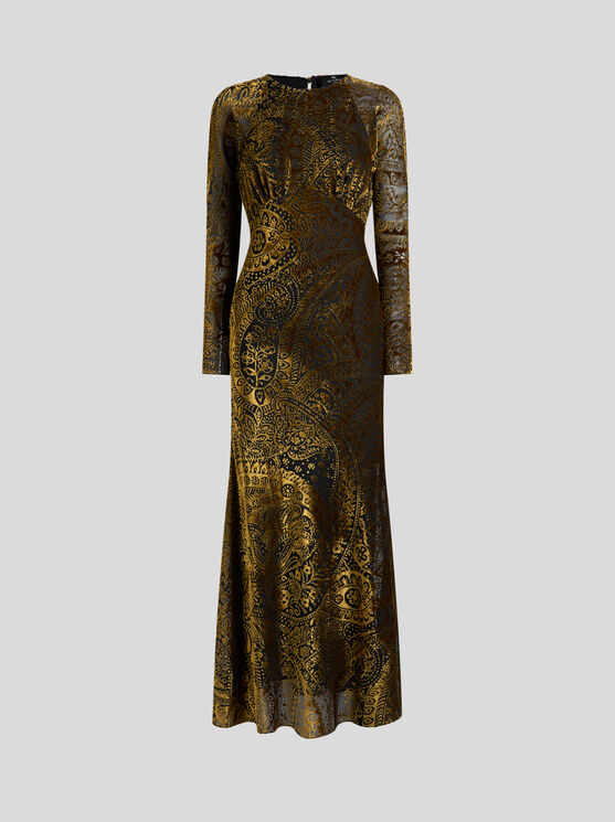 Etro , Long Burnout Velvet Dress With Floral Paisley Motif, Woman, Gold, Size 48