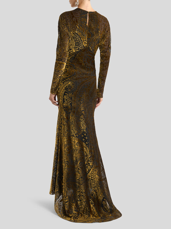 Etro Floral Paisley Velvet Maxi Dress In Gold