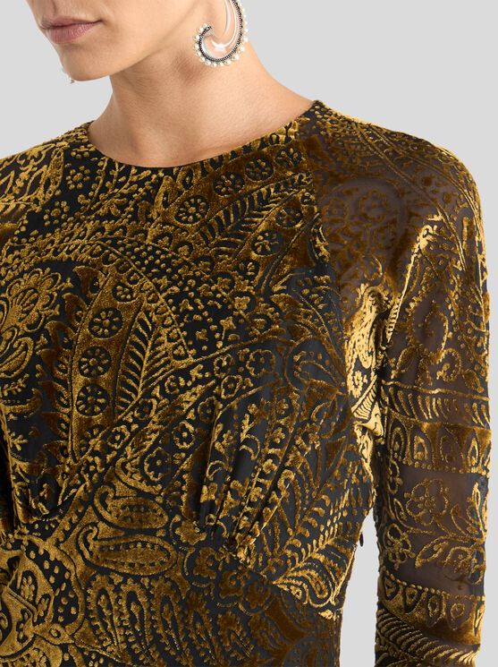 Etro Floral Paisley Velvet Maxi Dress In Gold