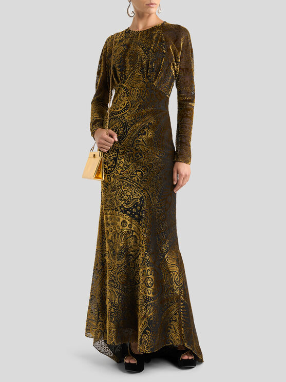 Etro Floral Paisley Velvet Maxi Dress In Gold
