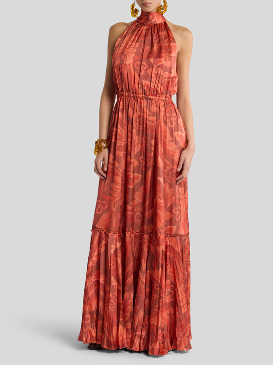 Etro Floral-print Pleated Maxi Dress In Brown