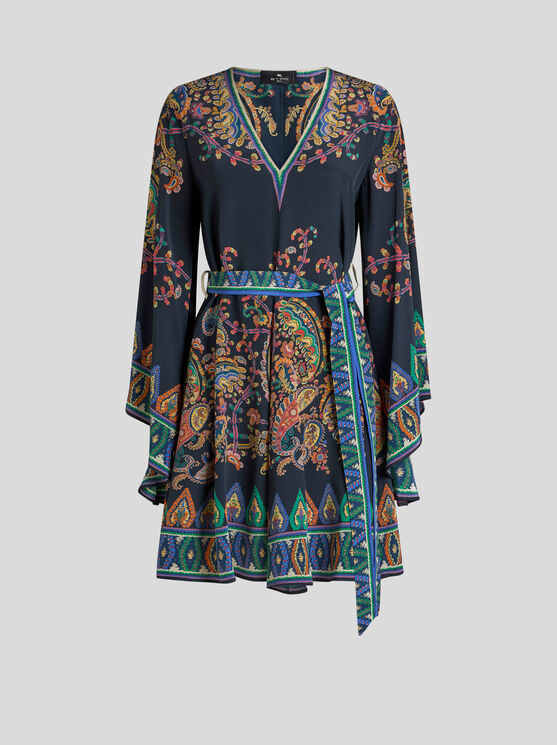 Etro , Silk Mini Dress With Placed Floral Paisley Print And Belt, Woman, Blue, Size 48