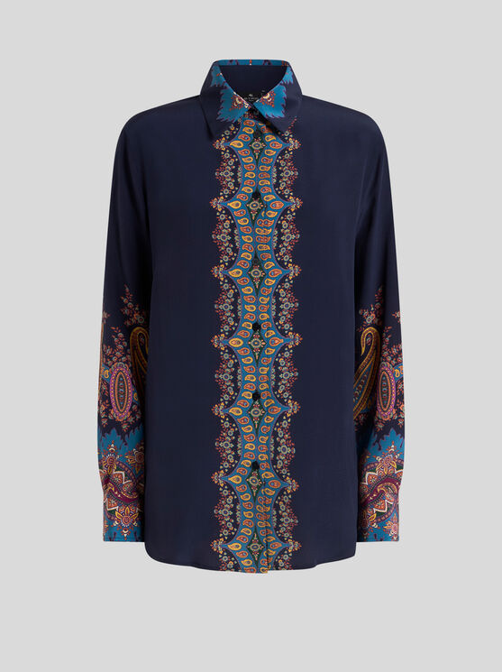 Etro Paisley Print Crepe De Chine Long-sleeved Shirt In Blue