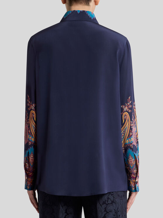 Etro Paisley Print Crepe De Chine Long-sleeved Shirt In Blue