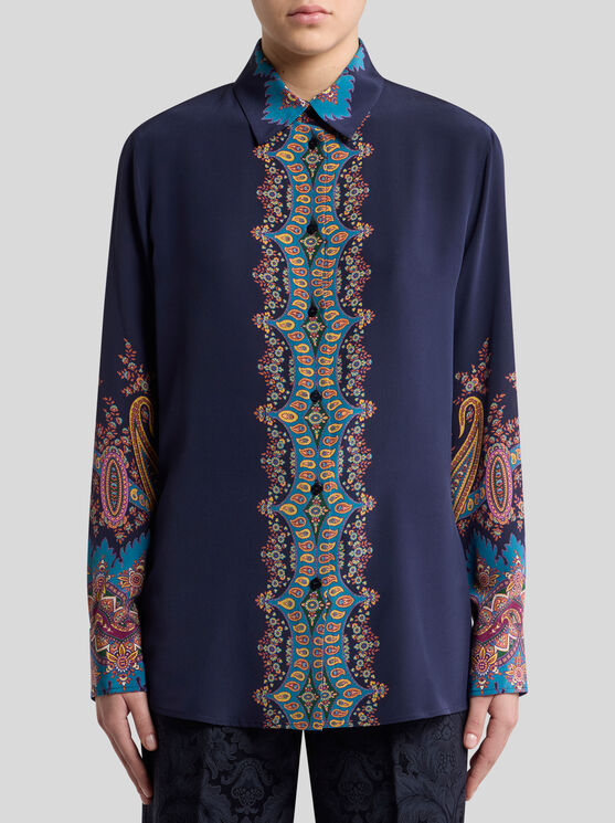 Etro Paisley Print Crepe De Chine Long-sleeved Shirt In Blue