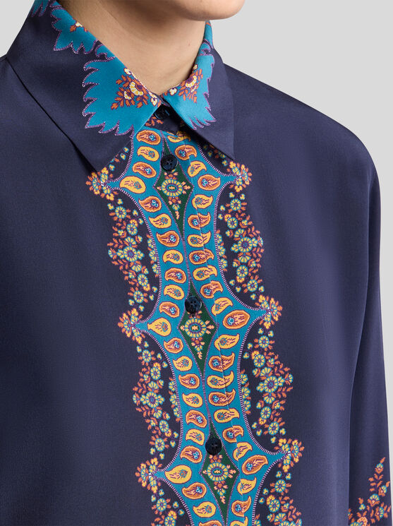 Etro Paisley Print Crepe De Chine Long-sleeved Shirt In Blue