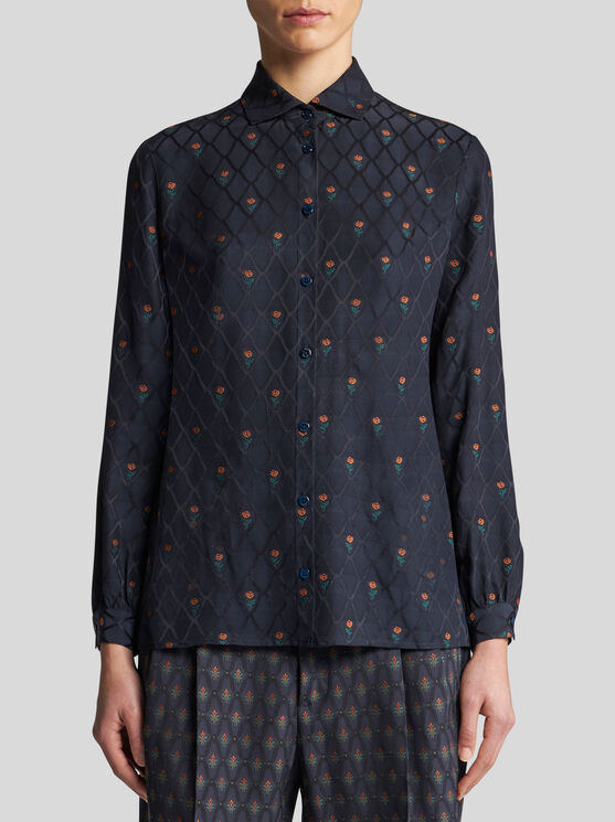 Shop Etro Silk Jacquard Shirt In Navy Blue