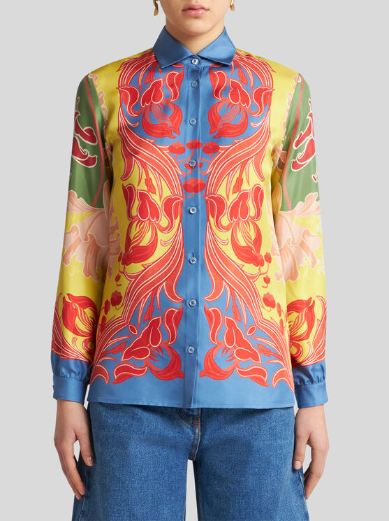 Shop Etro Silk Twill Shirt With Print In Yellow