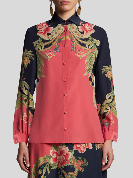 Shop Etro Printed Silk Shirt In Navy Blue