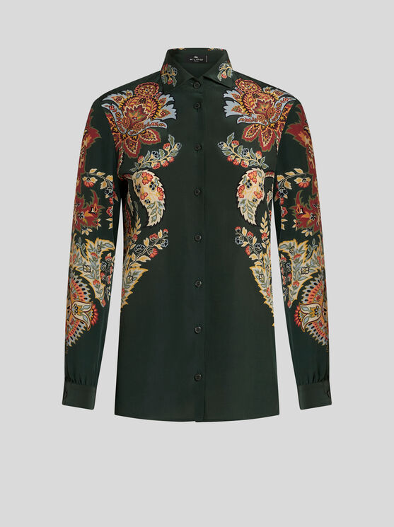 Shop Etro Printed Silk Shirt In Dark Green