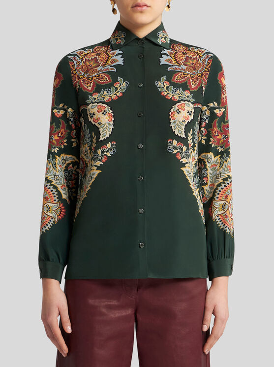 Shop Etro Printed Silk Shirt In Dark Green