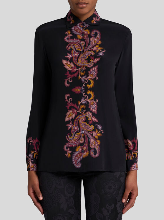 Etro Decorative Long-sleeved Silk Shirt In Schwarz