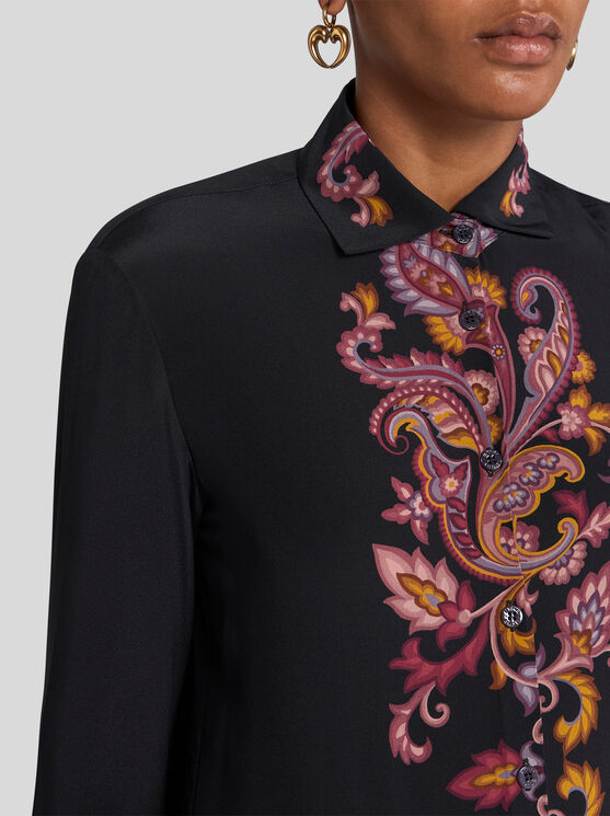 Etro Decorative Long-sleeved Silk Shirt In Schwarz