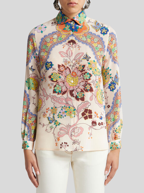 Etro , Silk Shirt With Floral Print, Woman, White, Size 44 In White