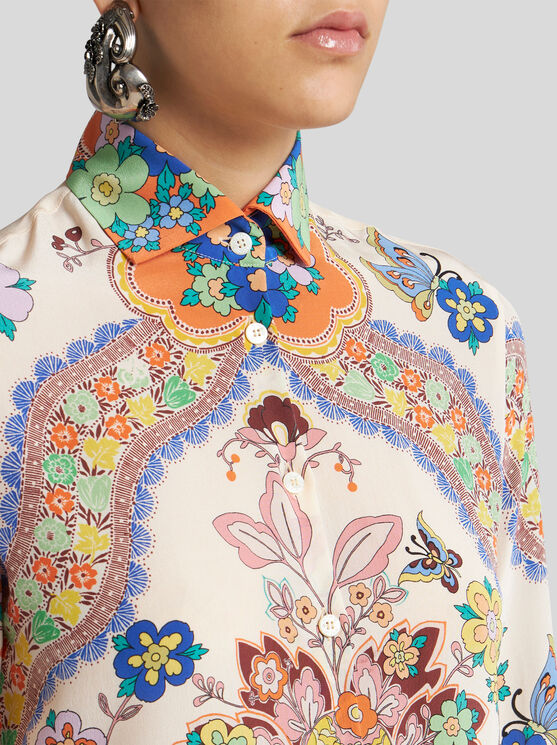 Etro , Silk Shirt With Floral Print, Woman, White, Size 44 In White
