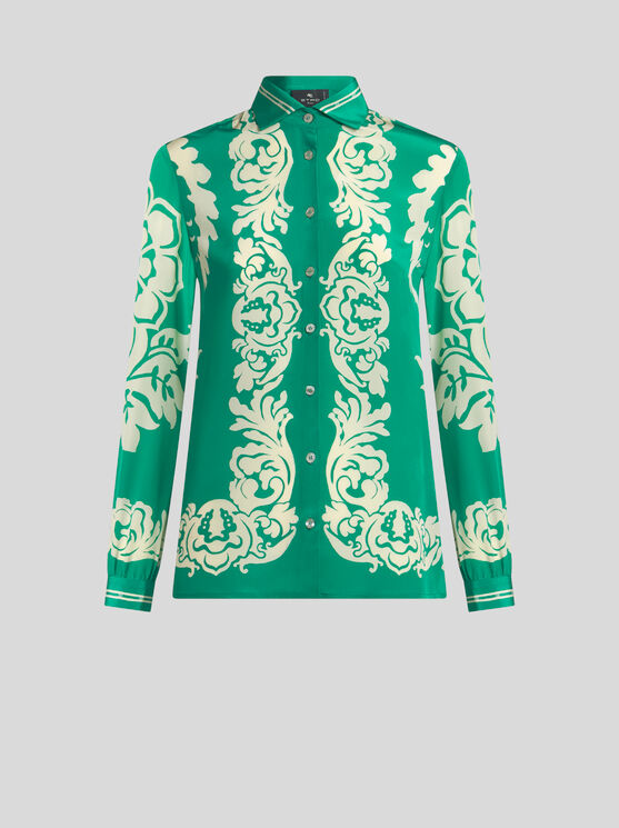 Etro , Silk Shirt With Placed Floral Print, Woman, Green, Size 38 In Green