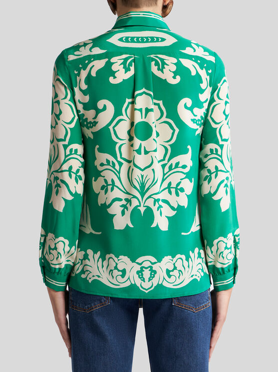 Etro , Silk Shirt With Placed Floral Print, Woman, Green, Size 38 In Green