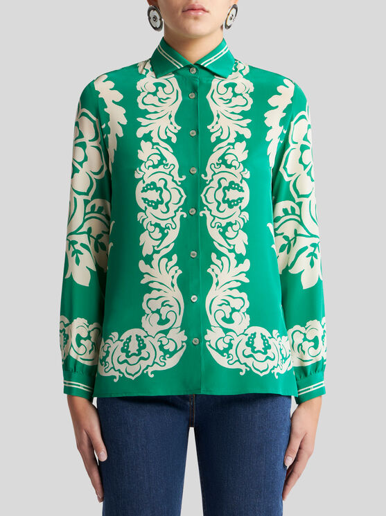 Etro , Silk Shirt With Placed Floral Print, Woman, Green, Size 38 In Green