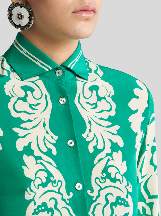 Etro , Silk Shirt With Placed Floral Print, Woman, Green, Size 38 In Green