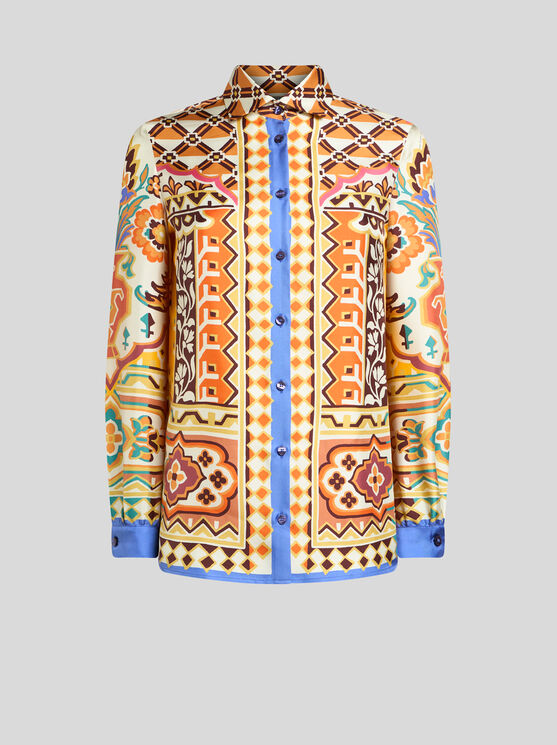 Etro , Silk Shirt With Placed Print, Woman, Yellow, Size 40 In Multi