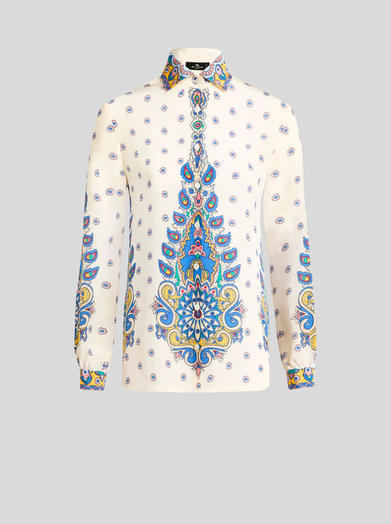 Etro Ivory Paisley Print Silk Twill Shirt In White