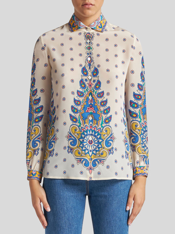 Etro Ivory Paisley Print Silk Twill Shirt In White