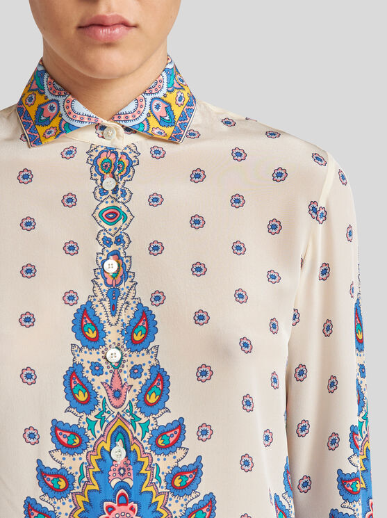 Etro Ivory Paisley Print Silk Twill Shirt In White
