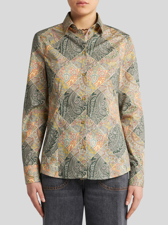 Shop Etro Printed Poplin Shirt In Yellow