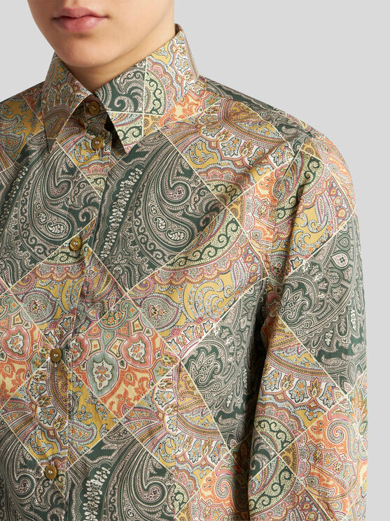 Shop Etro Printed Poplin Shirt In Yellow