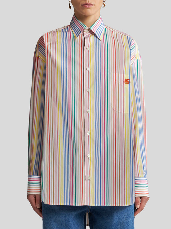 Shop Etro Striped Cotton Shirt With Pegaso In Multicolour