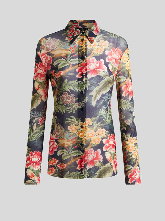 Shop Etro Tulle Shirt With Print In Navy Blue