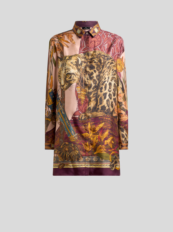 Etro , Long Silk Shirt With Placed Leopard Print, Woman, Multicolour, Size 46 In Multi