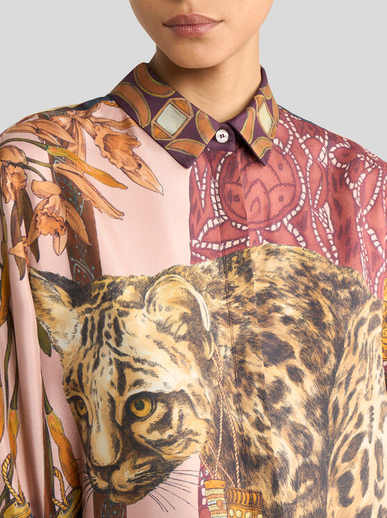 Etro , Long Silk Shirt With Placed Leopard Print, Woman, Multicolour, Size 46 In Multi