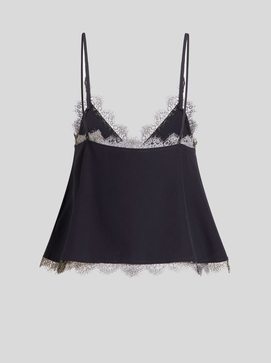 Shop Etro Crepe De Chine Top With Lace Details In Navy Blue