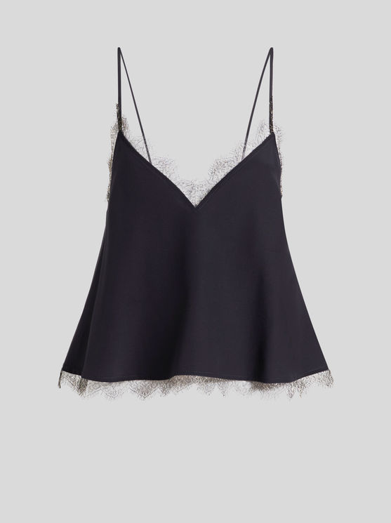 Shop Etro Crepe De Chine Top With Lace Details In Navy Blue