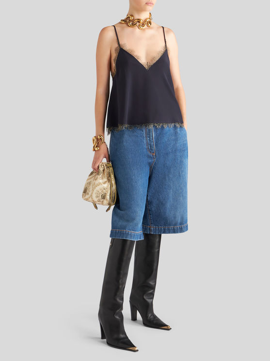 Shop Etro Crepe De Chine Top With Lace Details In Navy Blue