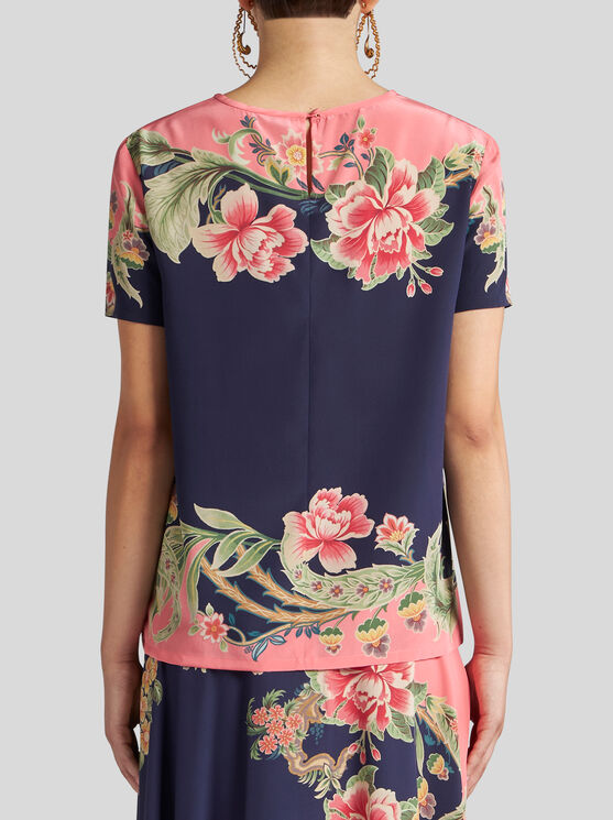 Shop Etro Printed Silk Top In Navy Blue