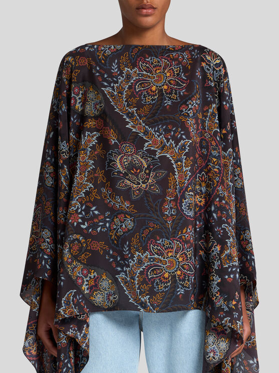 Shop Etro Printed Silk Poncho In Schwarz