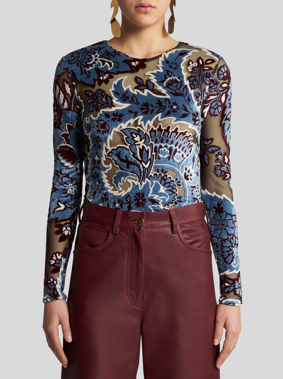 Shop Etro Tulle And Jacquard Velvet Top In Light Blue