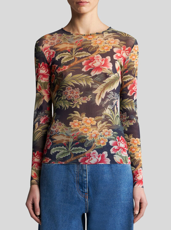 Shop Etro Tulle Top With Print In Navy Blue