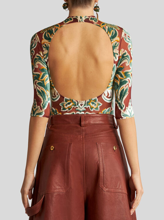 Shop Etro Tulle And Jacquard Velvet Bodysuit In Burgundy